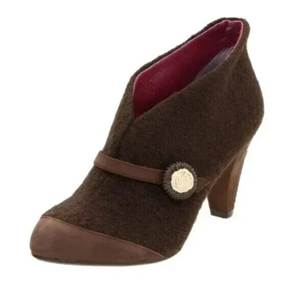 Poetic License Brown Boucle Wool Leather Neutral Cone Heels Booties Boots 6.5 37 - Picture 1 of 11
